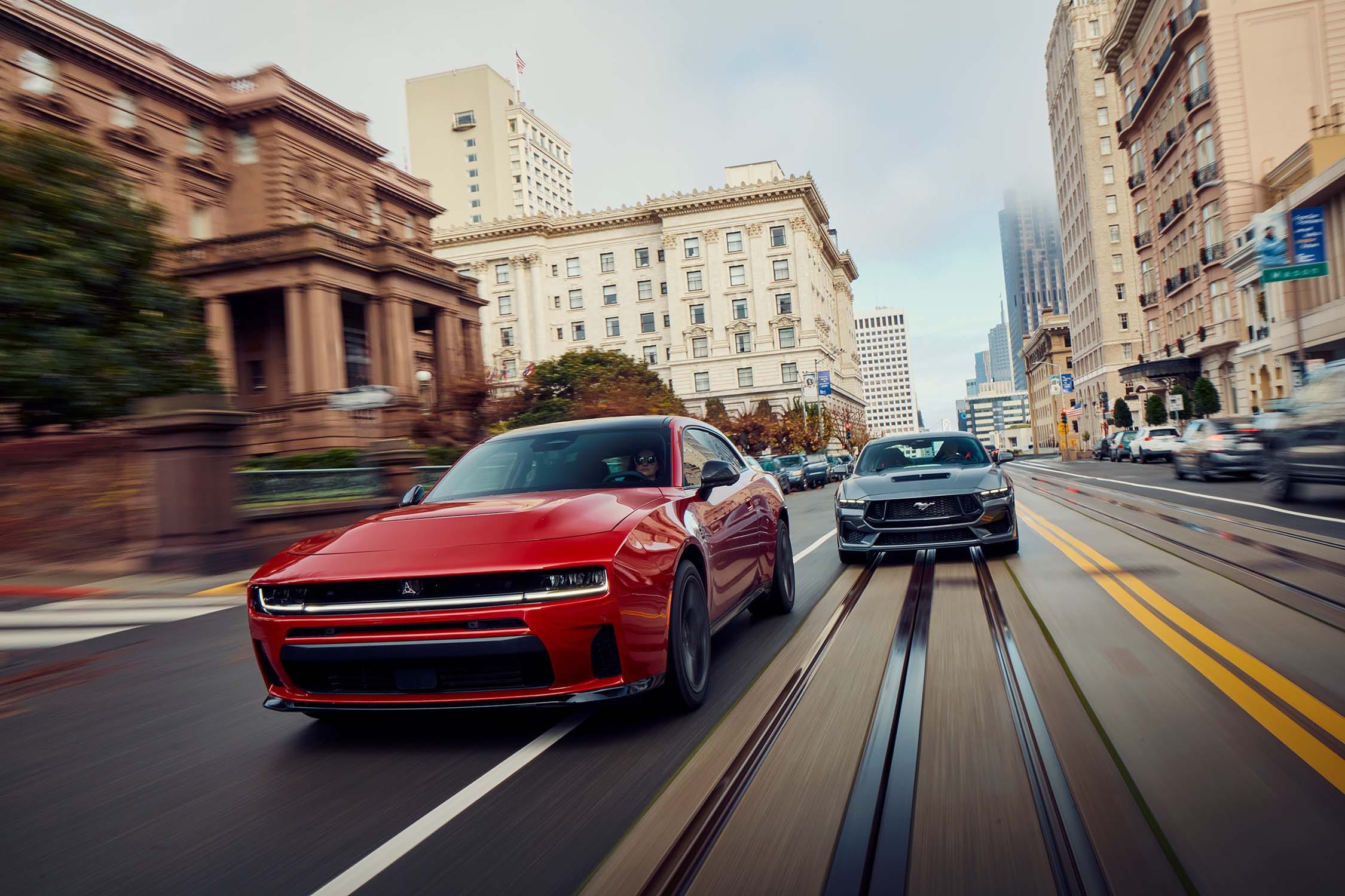 View Exterior Photos of the 2026 Dodge Charger Scat Pack vs. Ford Mustang GT